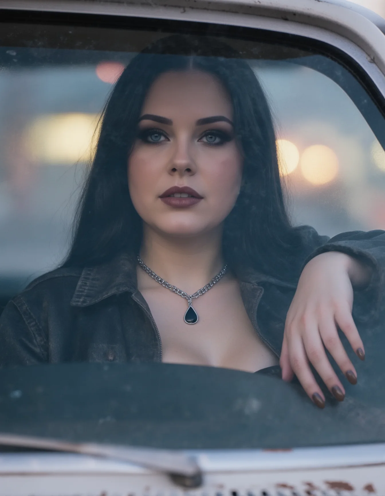 Victoria Cole behind the wheel of a classic car at dusk